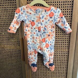 0-3M Cozy Floral Strawberry Print One-Piece - Orange & Blue